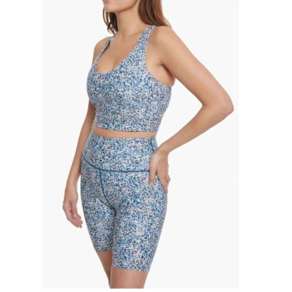 Sage Collective, Floral Biker Short Sport Bra Workout Set, S Blue Activewear